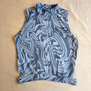 Cuidado Con el Perro Y2K 90s Blue Swirl Print Sleeveless Mockneck Top Cutouts